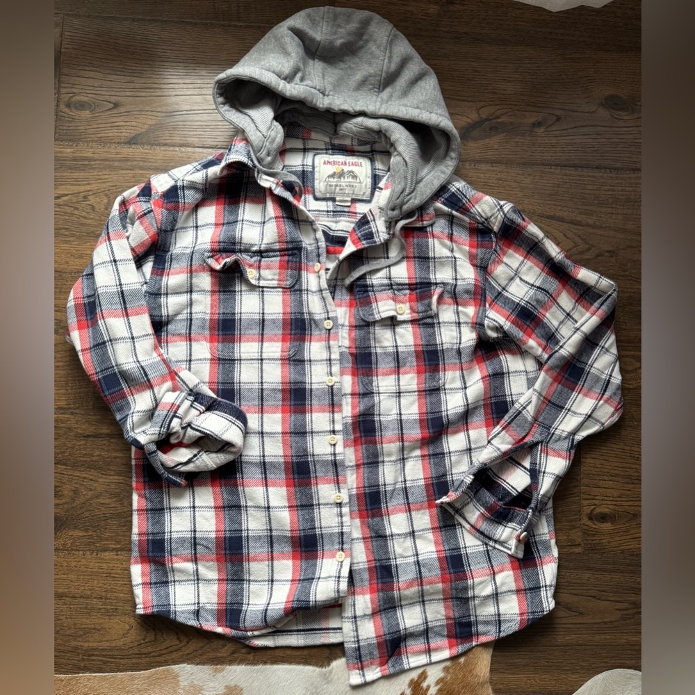 American Eagle Gray Removable Hooded Plaid Flannel
